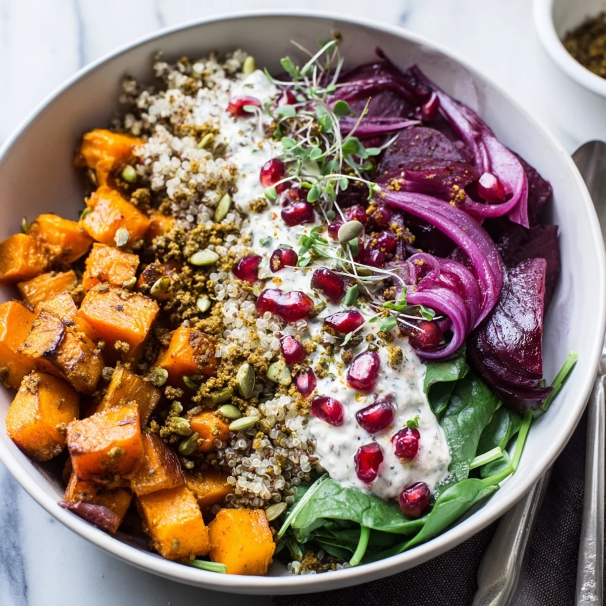 Roasted winter vegetables fill a cozy spiced winter bowls, perfect for chilly evenings.