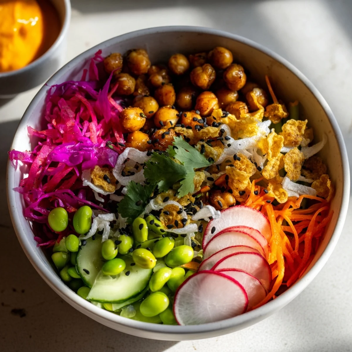 Fresh ASMR Crunch Snack Bowls topped with crispy chickpeas and spicy mayo for irresistible flavor.