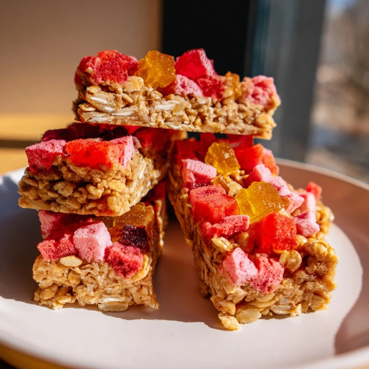 Colorful DIY snack bars topped with chewy gummies and crispy freeze-dried treats.  