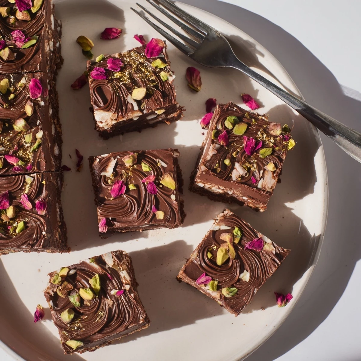 Fusion chocolate bar inspired creations drizzled with spiced date caramel and rose petals.  