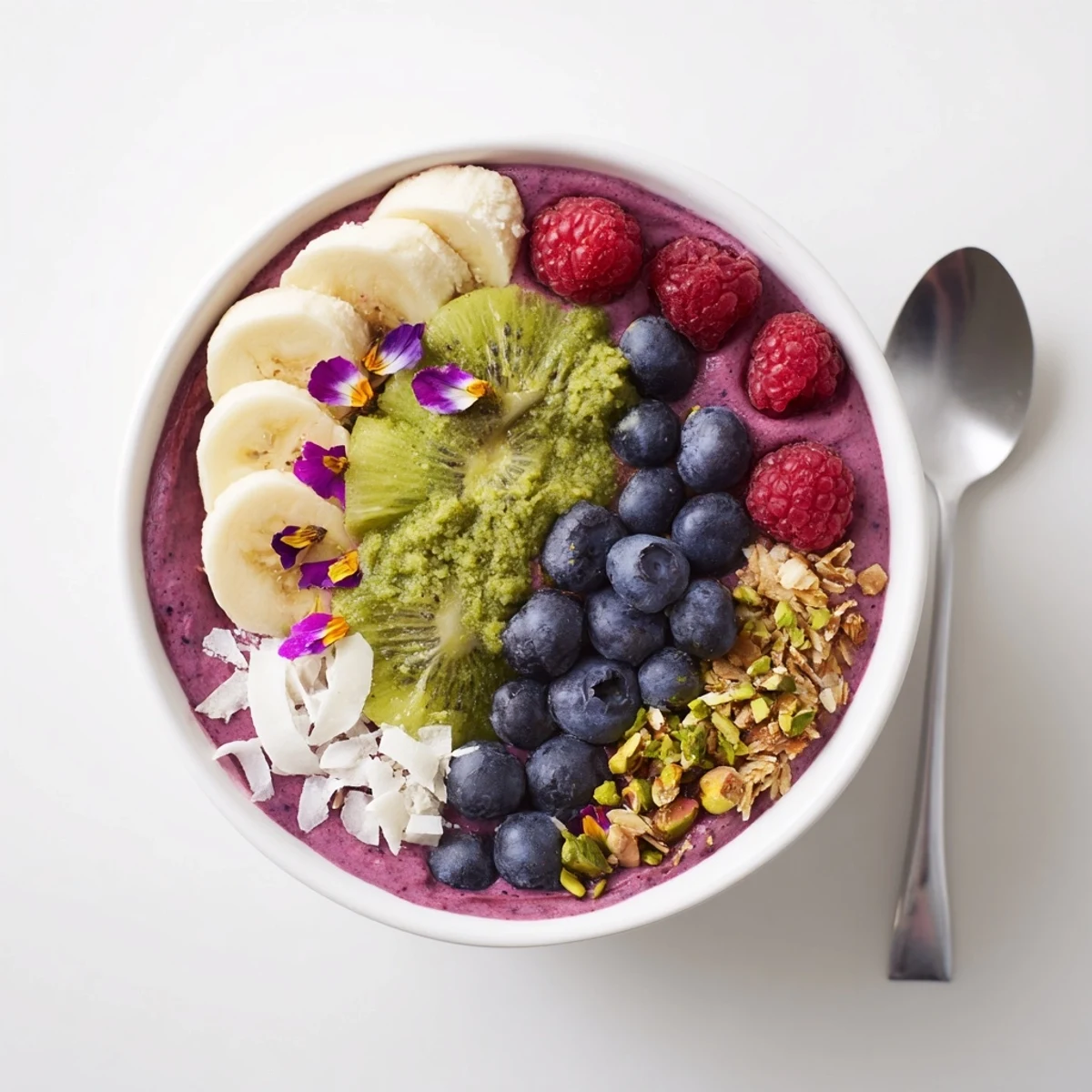 Colorful smoothie bowls with pistachio and purple yam, topped with fresh fruits.  