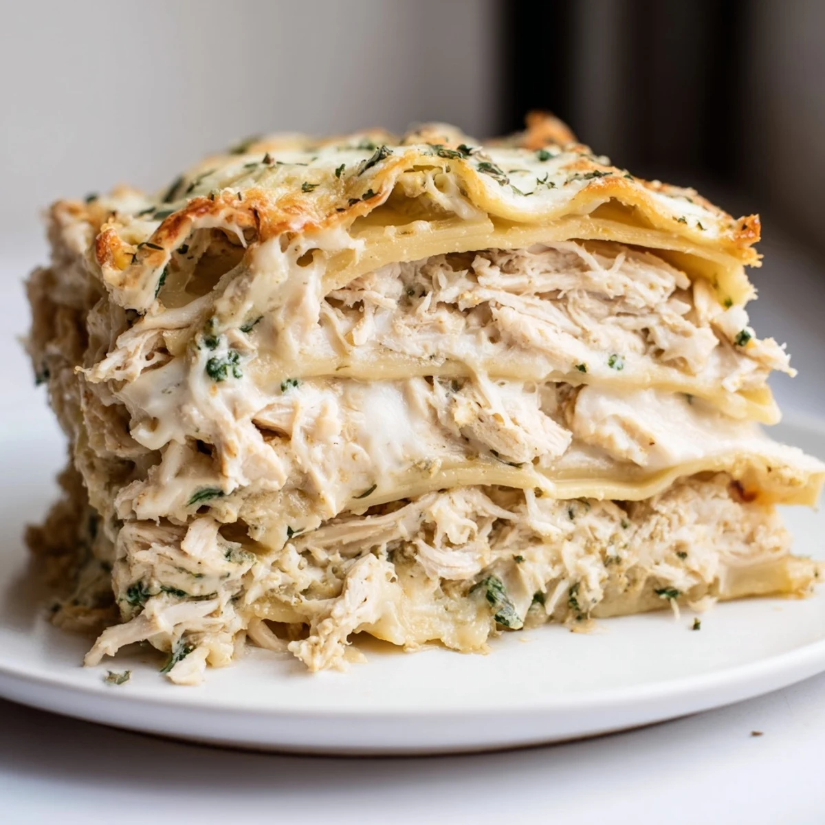 Layers of tender chicken and creamy béchamel in rosemary chicken lasagna, fresh and inviting.  