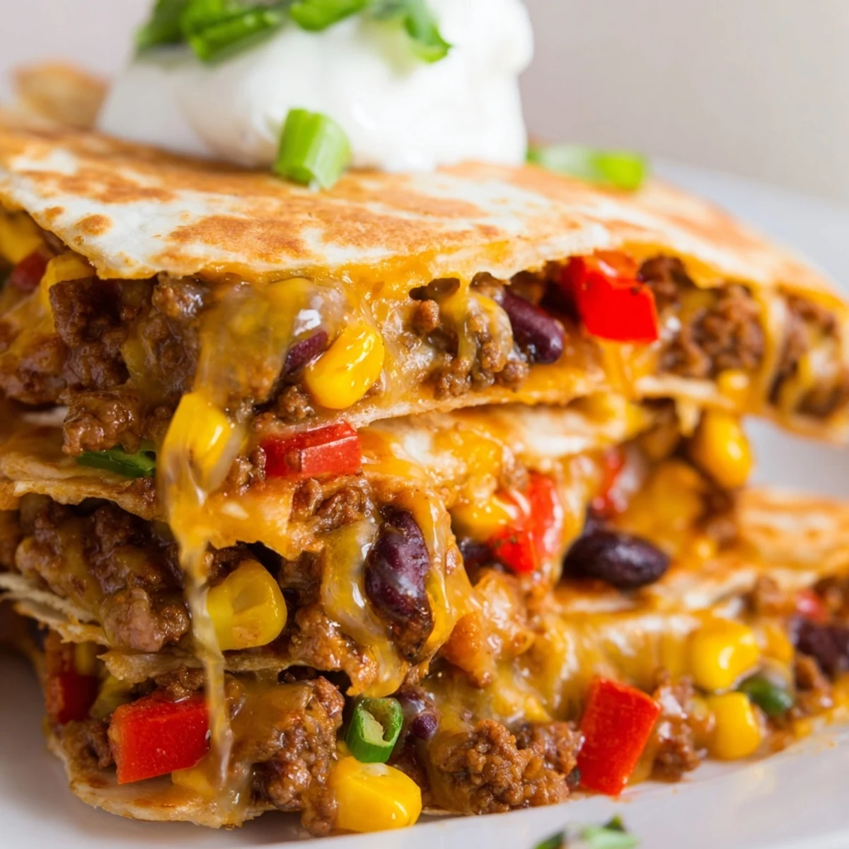 Crispy Sheet Pan Quesadillas with Beef, cheese, and colorful veggies fresh from the oven.  