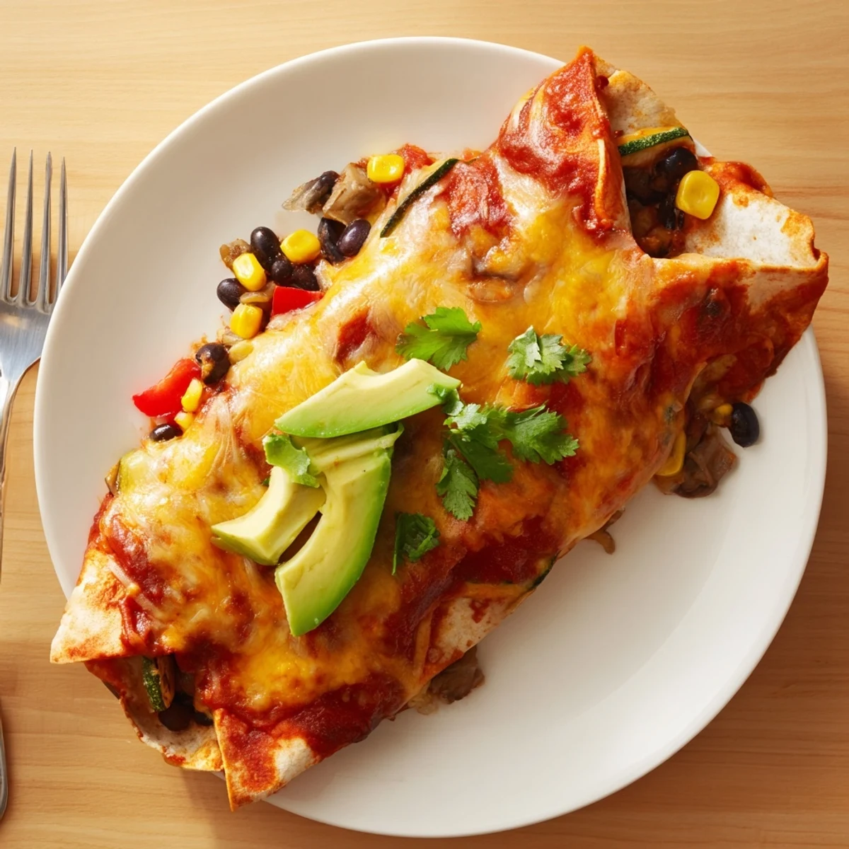 Vibrant Farmers Market Vegetarian Enchiladas topped with melted cheese and fresh avocado slices.  