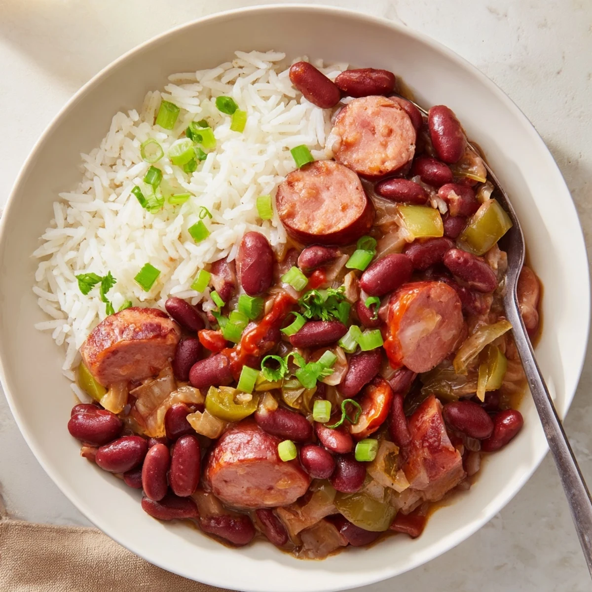Savory red beans & rice served over fluffy white rice, ideal for family meals.
