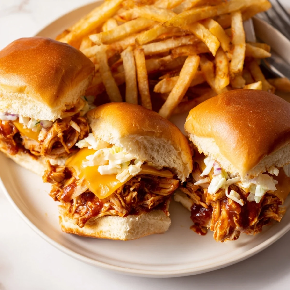 Juicy BBQ chicken sliders stacked high with coleslaw and melted cheese.  