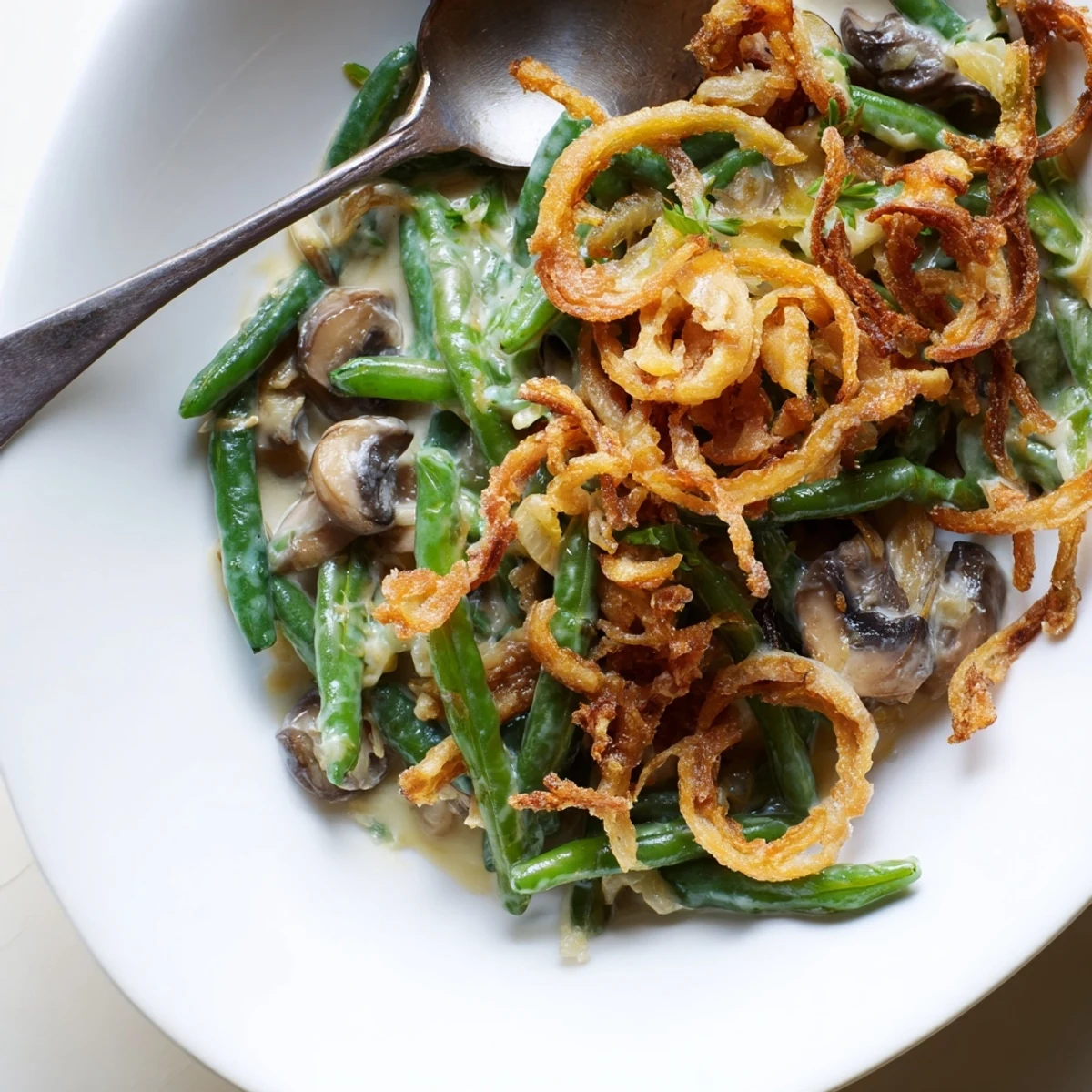 Nostalgic Old-School Green Bean Casserole served piping hot with mushrooms and savory sauce.