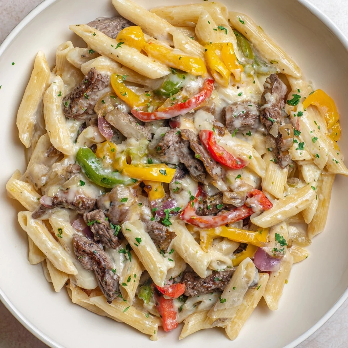 Hearty Philly cheese steak pasta, featuring tender beef and colorful vegetables, served warm.  
