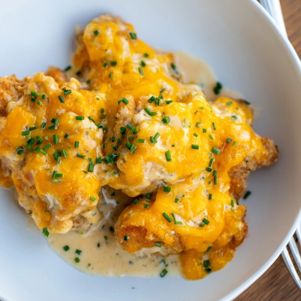 Golden Cheddar Ranch Chicken Bake served warm with fresh herbs on top.  