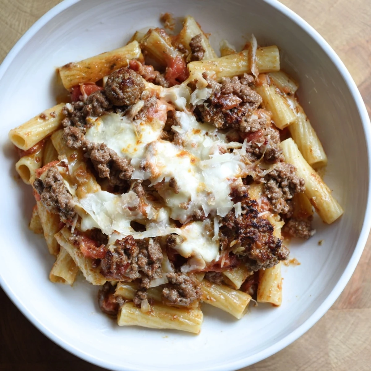 Steaming hot Cheesy Beef & Penne Bake with a golden cheese crust, ready to serve and enjoy.