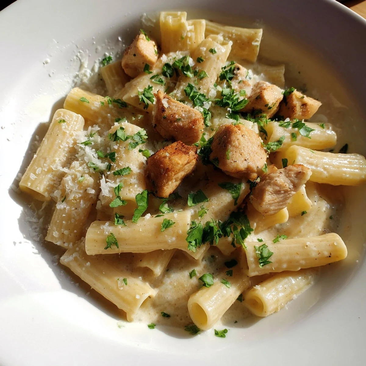 Creamy Garlic Parmesan Chicken Rigatoni with golden chicken and rich, bubbling, cheesy sauce.