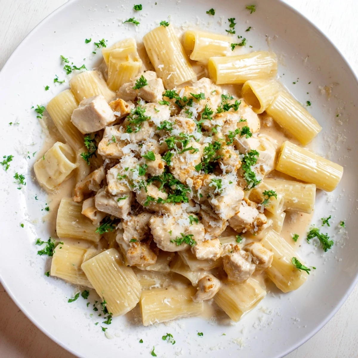 A hearty plate of Creamy Garlic Parmesan Chicken Rigatoni, a true family favorite, ready to serve and enjoy.
