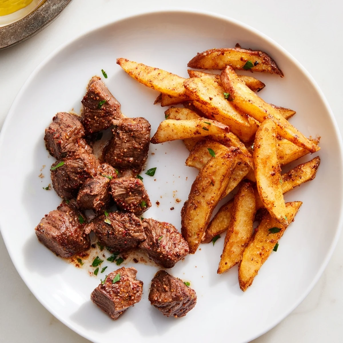 Sizzling Blackened Cajun steak bites beside golden crispy fries: a delicious, easy sharing plate.