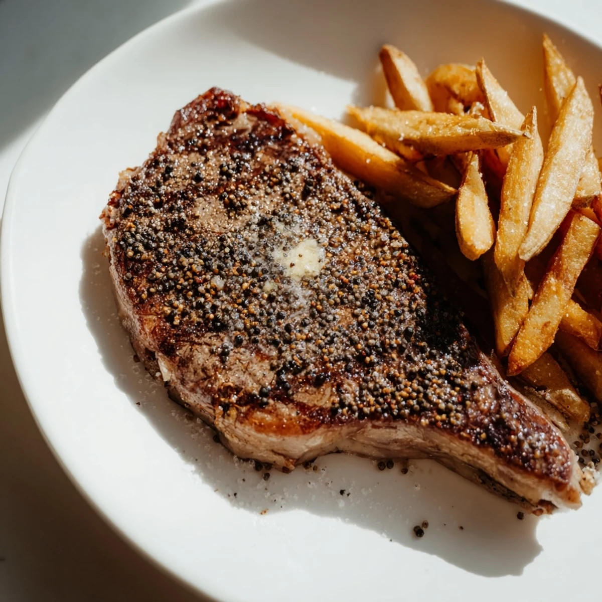 Seared Classic Peppercorn Ribeye glistening with peppercorns, alongside a pile of golden crispy fries.