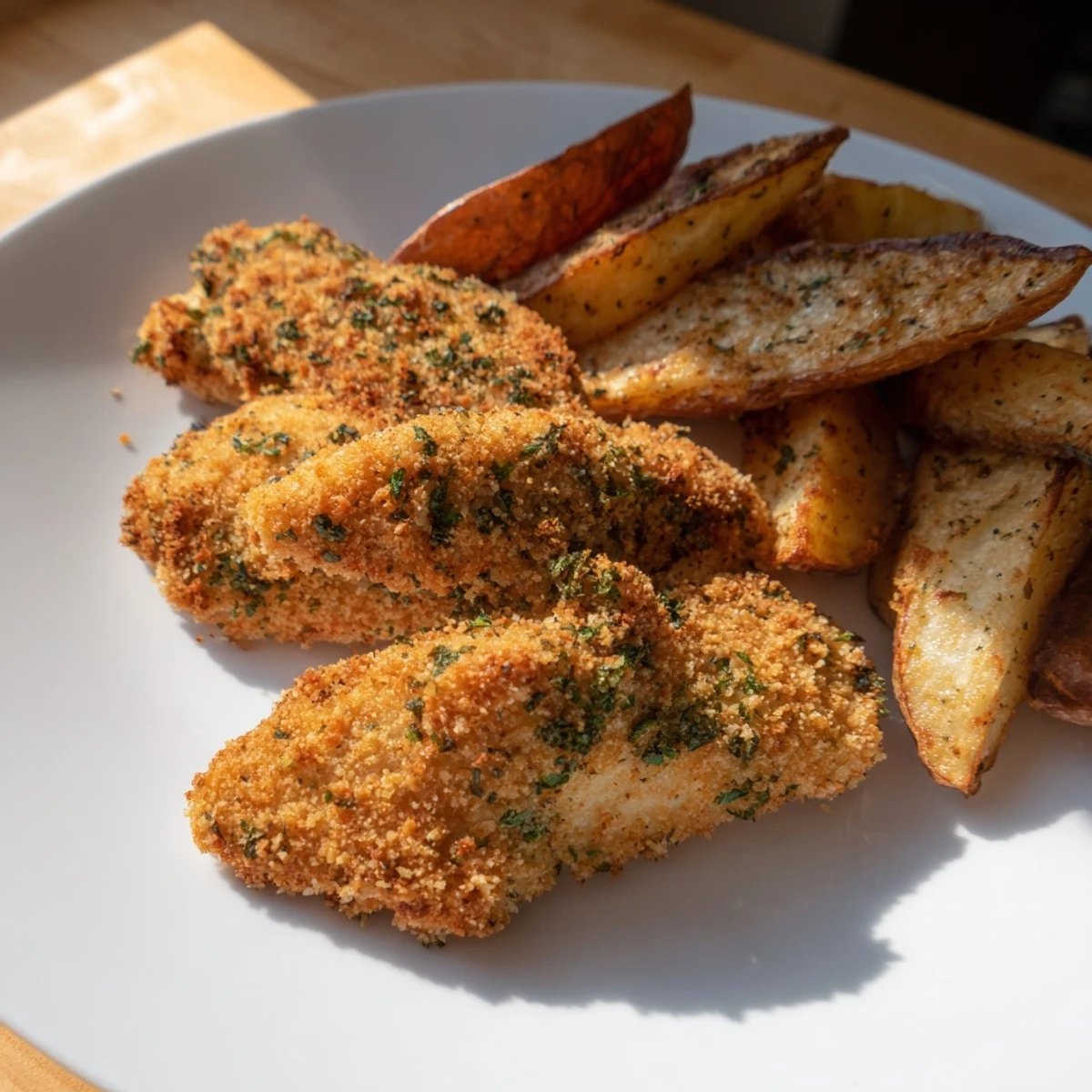 Crispy-coated herbed chicken tenders paired with herbed potato wedges, a satisfying American dinner ready to serve.