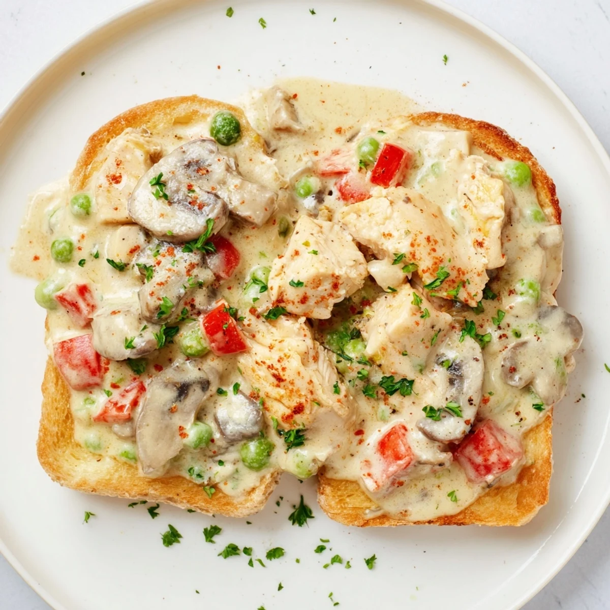 Chicken à la King served steaming over buttered toast, a comforting American classic.