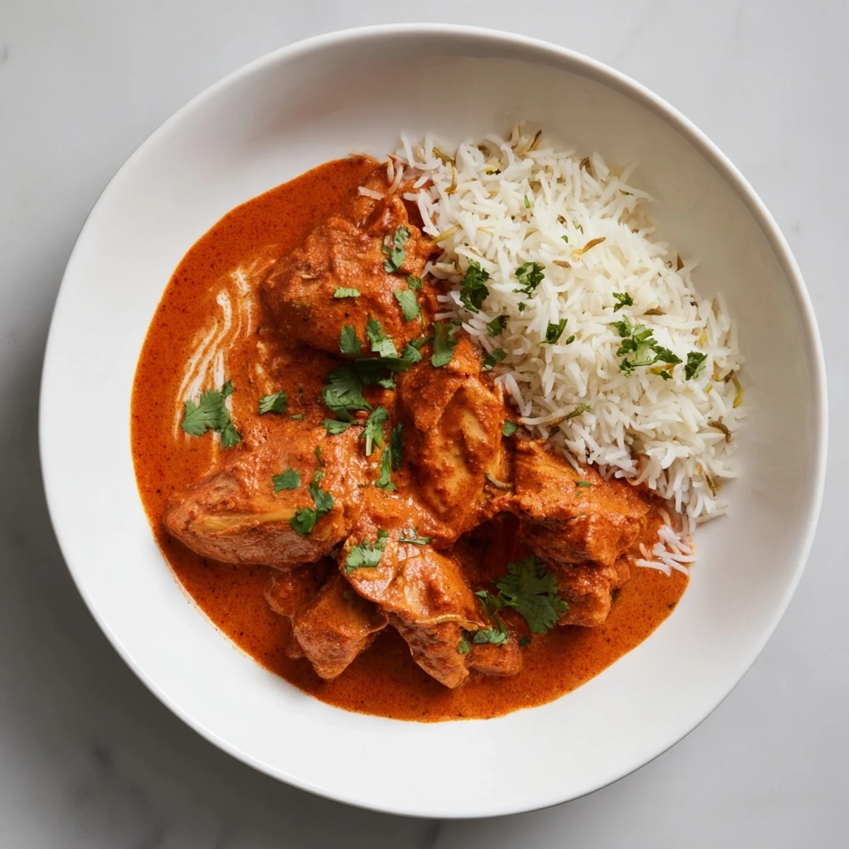 A steaming bowl of creamy Butter Chicken served with fragrant, fluffy basmati rice pilaf.