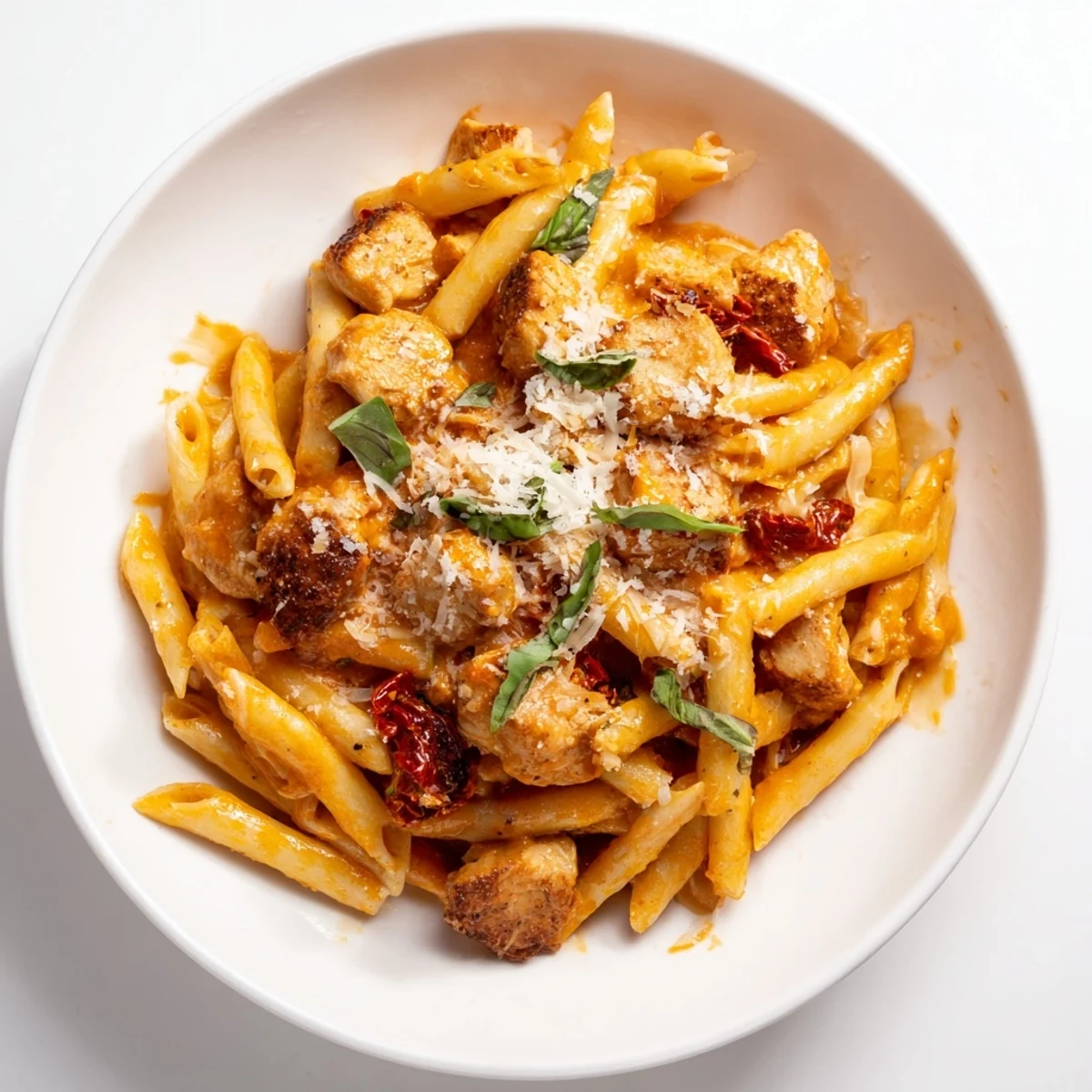 Creamy Tomato Basil Chicken Pasta: A close-up view showing a bowl with savory, saucy noodles and chicken.
