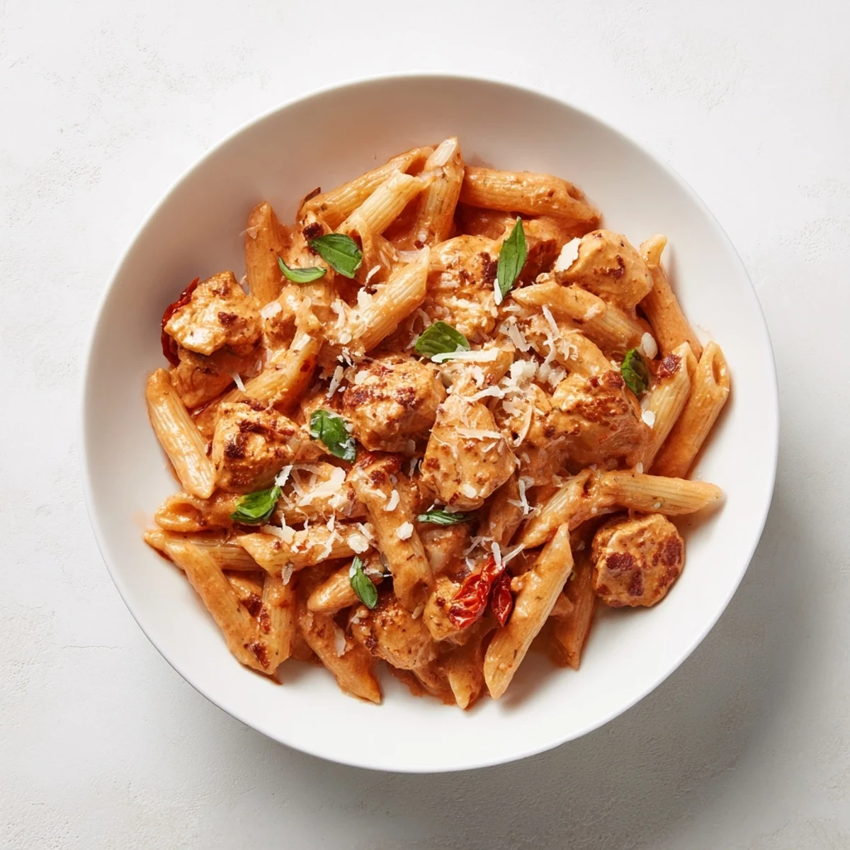 Enjoy this comforting Creamy Tomato Basil Chicken Pasta, with fresh basil and Parmesan sprinkled on top.