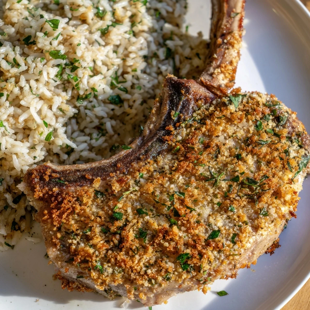 Golden-brown Parmesan Herb Pork Chops on a bed of fluffy rice, a satisfying family dinner.