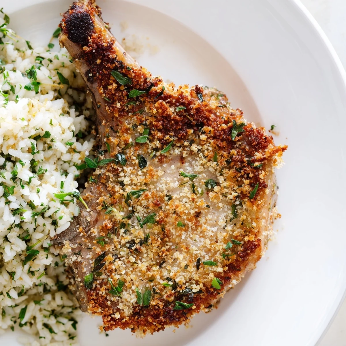 Close-up of baked Parmesan Herb Pork Chops, showing the crispy herb crust alongside seasoned rice.