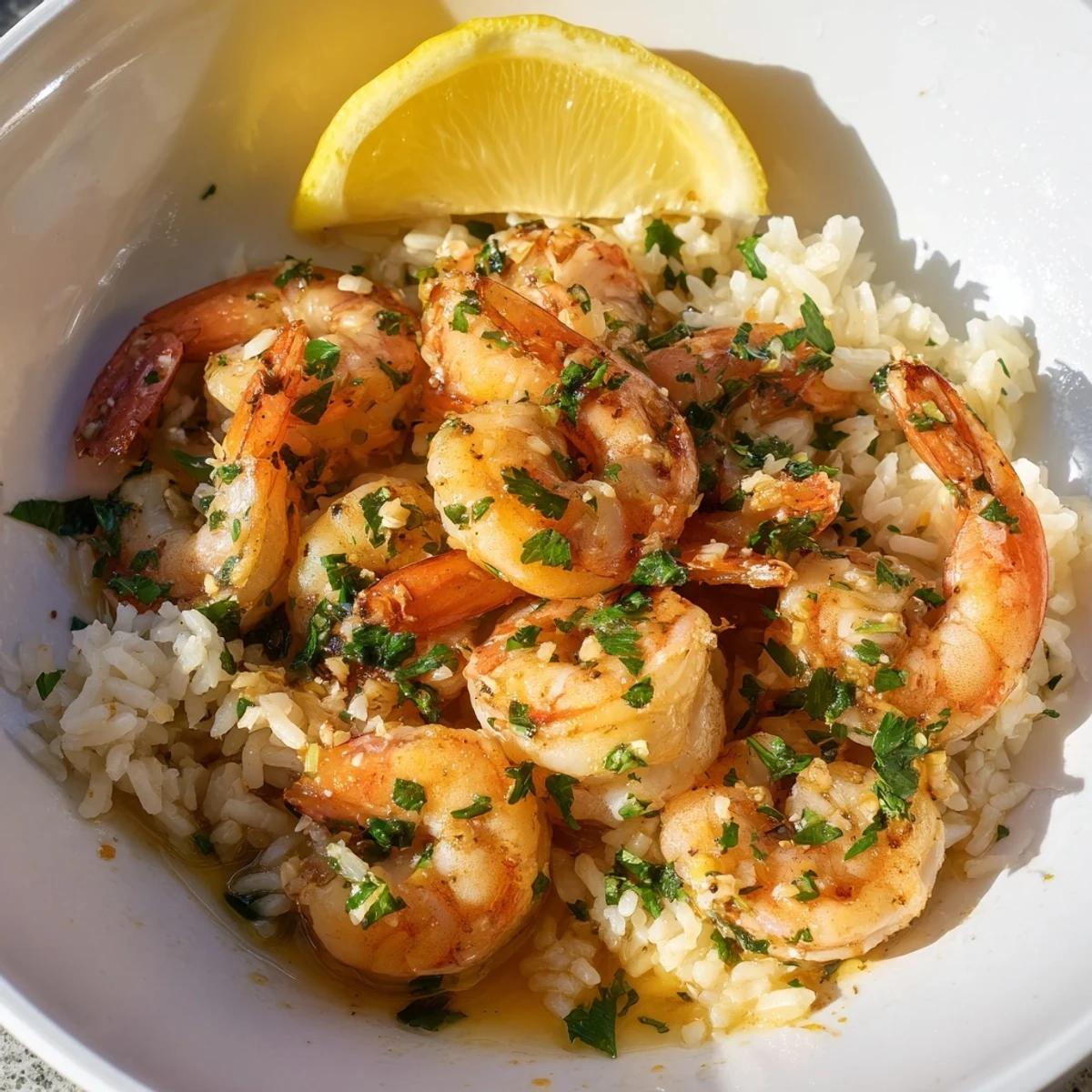 Golden garlic butter shrimp rice bowl, a savory and satisfying seafood main course with fluffy rice.