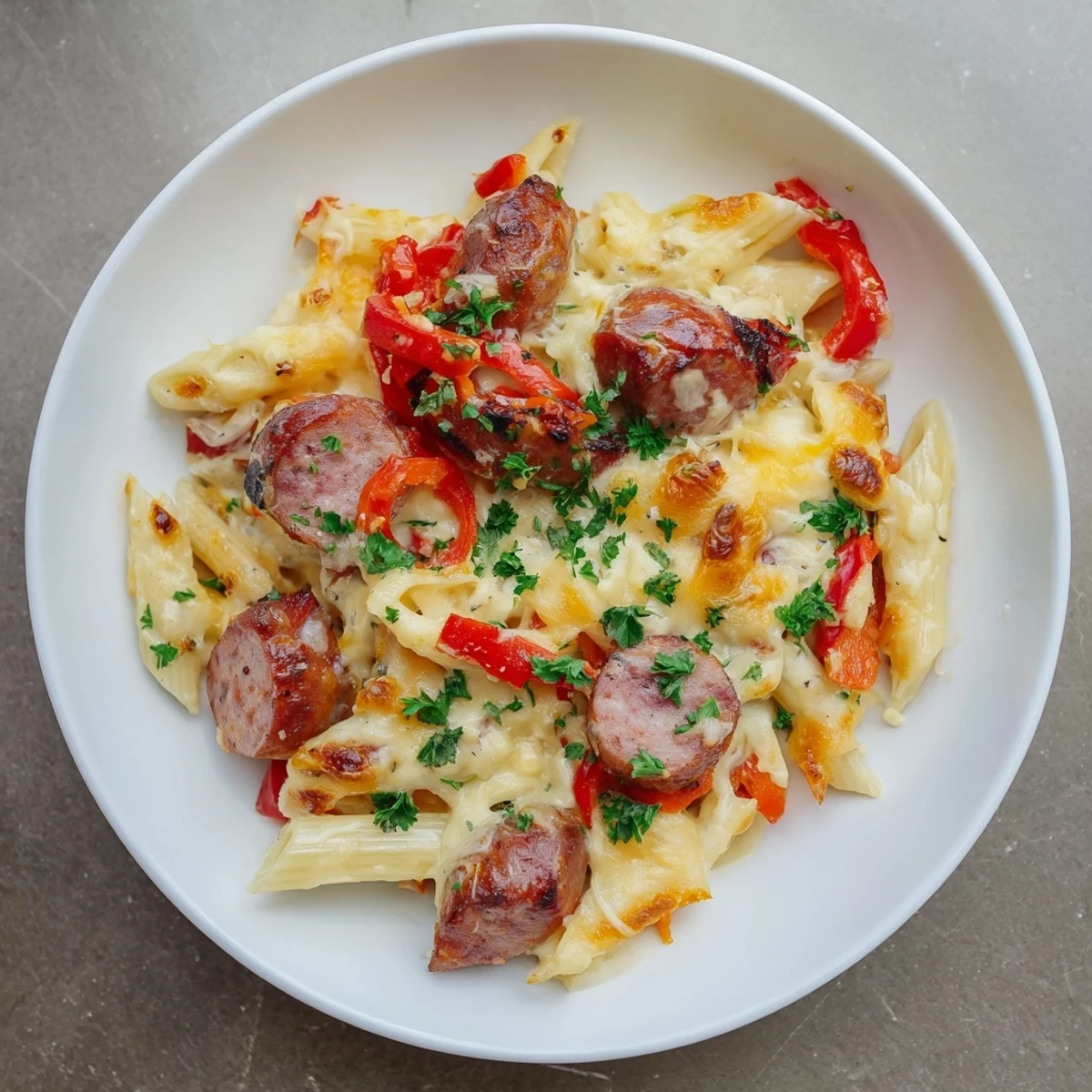 Golden, bubbly Smoked Sausage & Cheddar Pasta Bake with melted cheese, promising a warm, comforting meal.