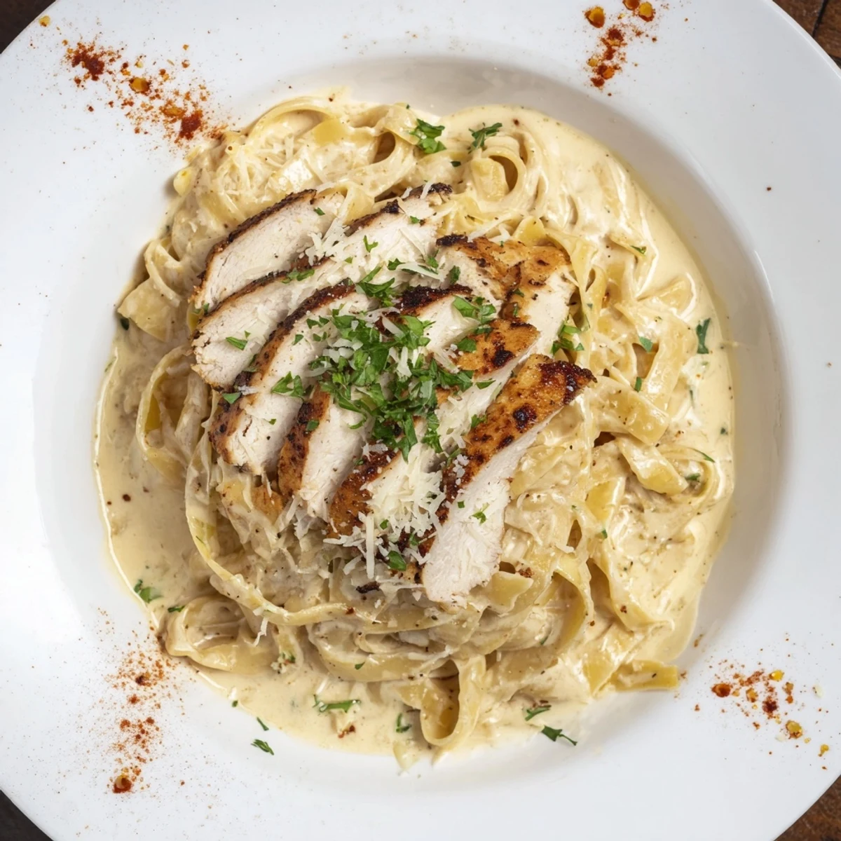 Tender Spicy Cajun Chicken Alfredo served in a bowl, showcasing the creamy sauce and fresh herbs.