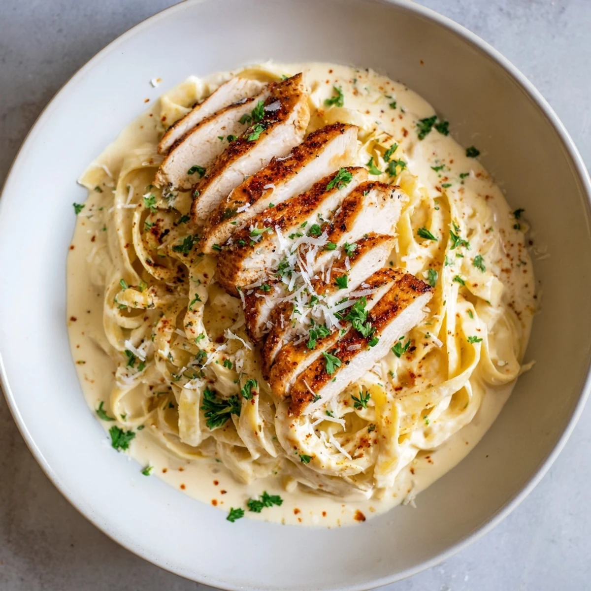 A close-up of a flavorful Spicy Cajun Chicken Alfredo with perfectly cooked fettuccine pasta tonight!