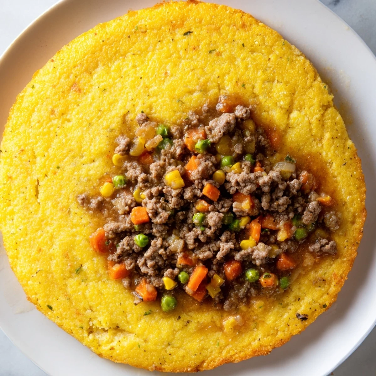 Golden cornbread crust topping the savory, bubbling beef filling in this Cornbread Crusted Beef Pie.