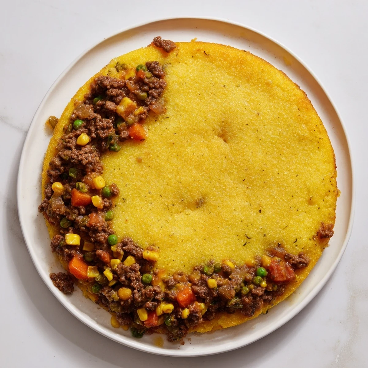 A warm, comforting Cornbread Crusted Beef Pie, showcasing tender beef and vegetables under a crust.