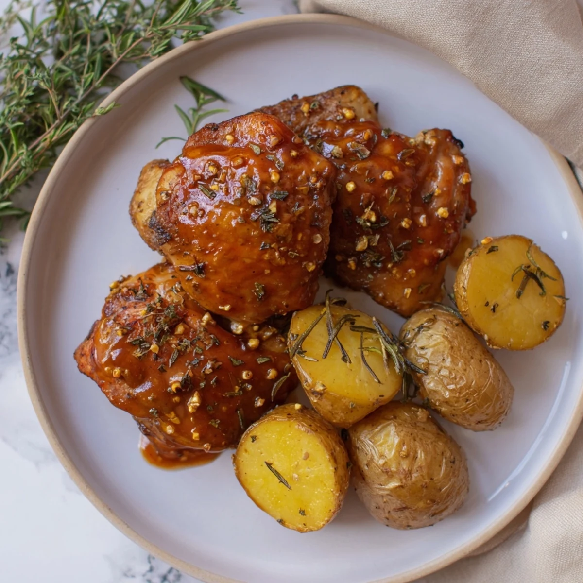 Tender Honey Mustard Chicken thighs with a glistening glaze next to perfectly roasted potatoes for a delicious dinner.