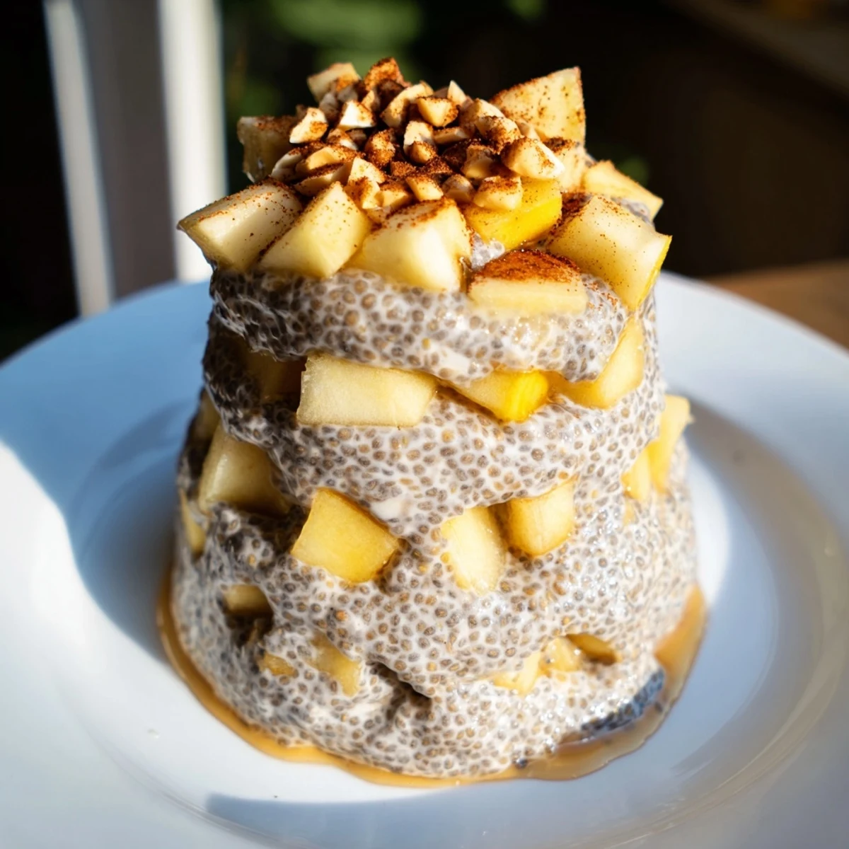 A layered glass reveals the fresh apple topping Apple-Chia Pudding, alongside a peanut butter swirl.