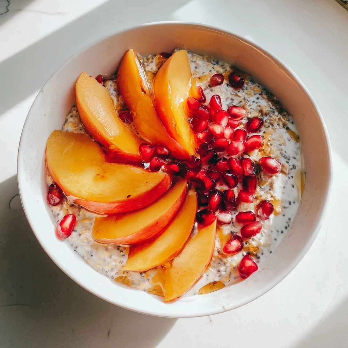 Creamy Overnight Oats with persimmon, bright pomegranate, and chia seeds for a delicious breakfast.