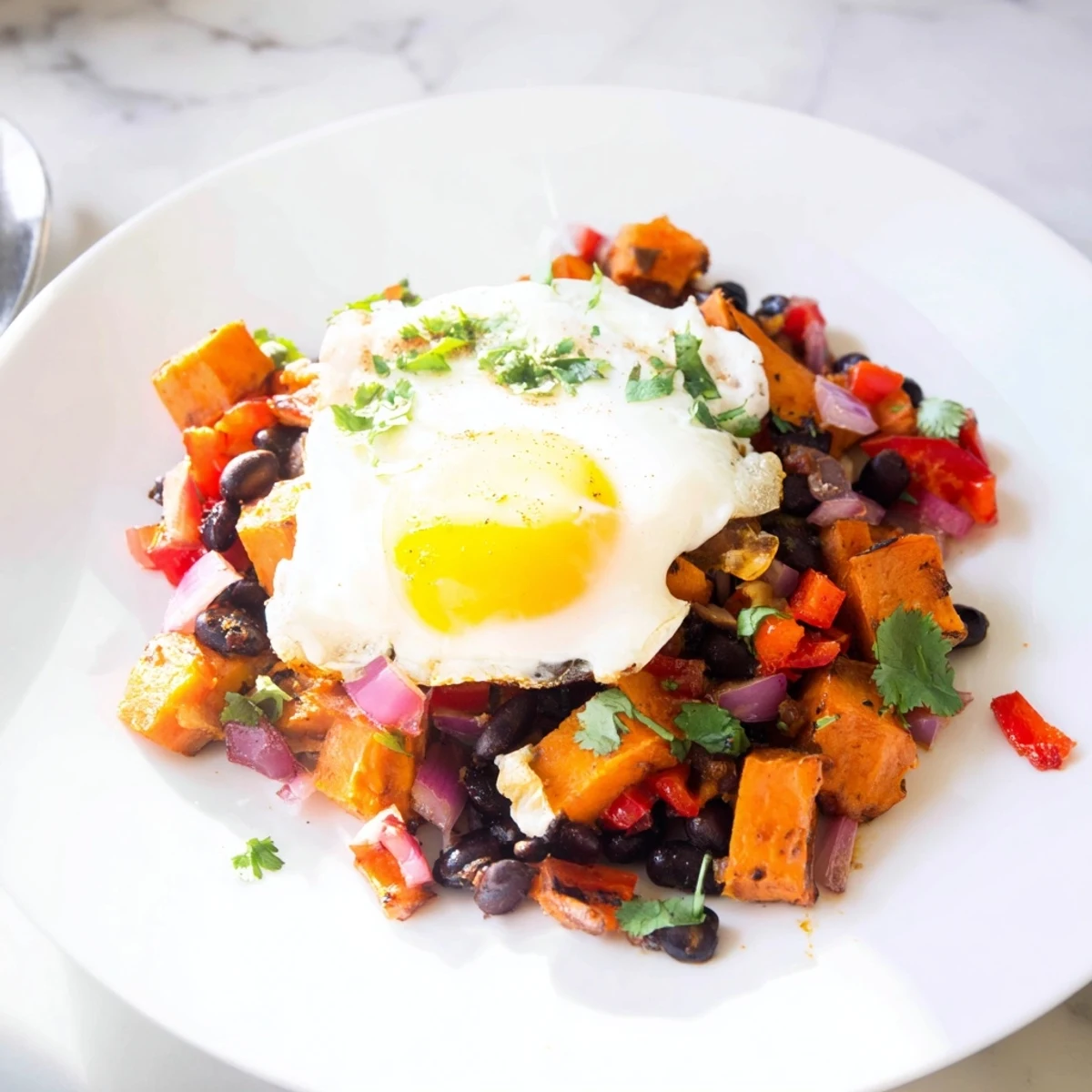 Sizzling skillet of Sweet Potato & Black Bean Breakfast Hash, garnished with fresh cilantro; ready to serve.