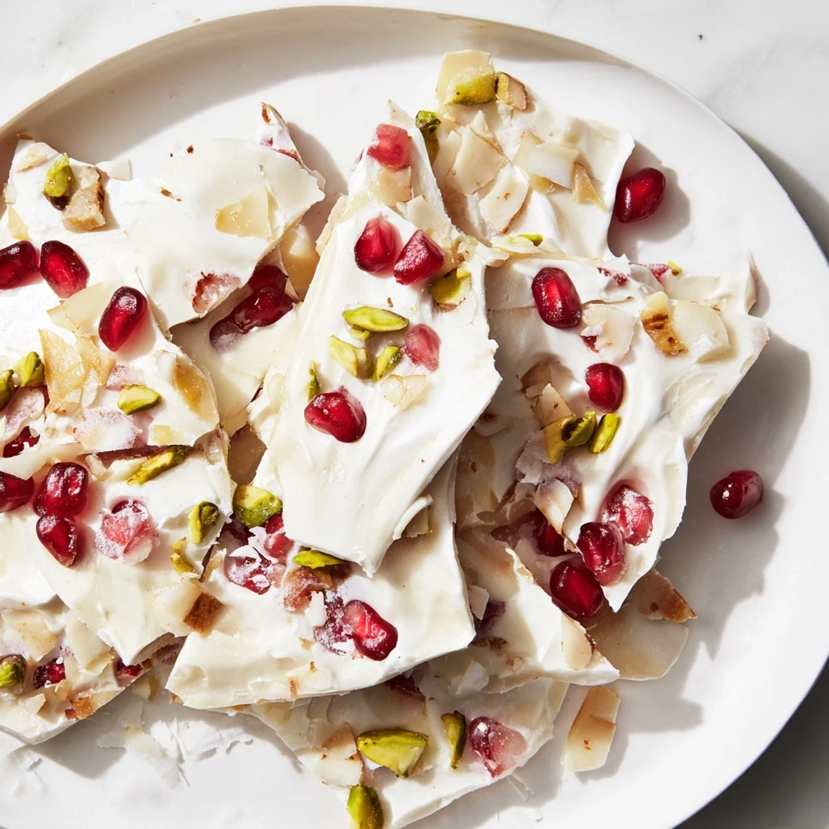 Frozen yogurt bark, brimming with bright red pomegranate seeds and crunchy pistachios, ready to serve.