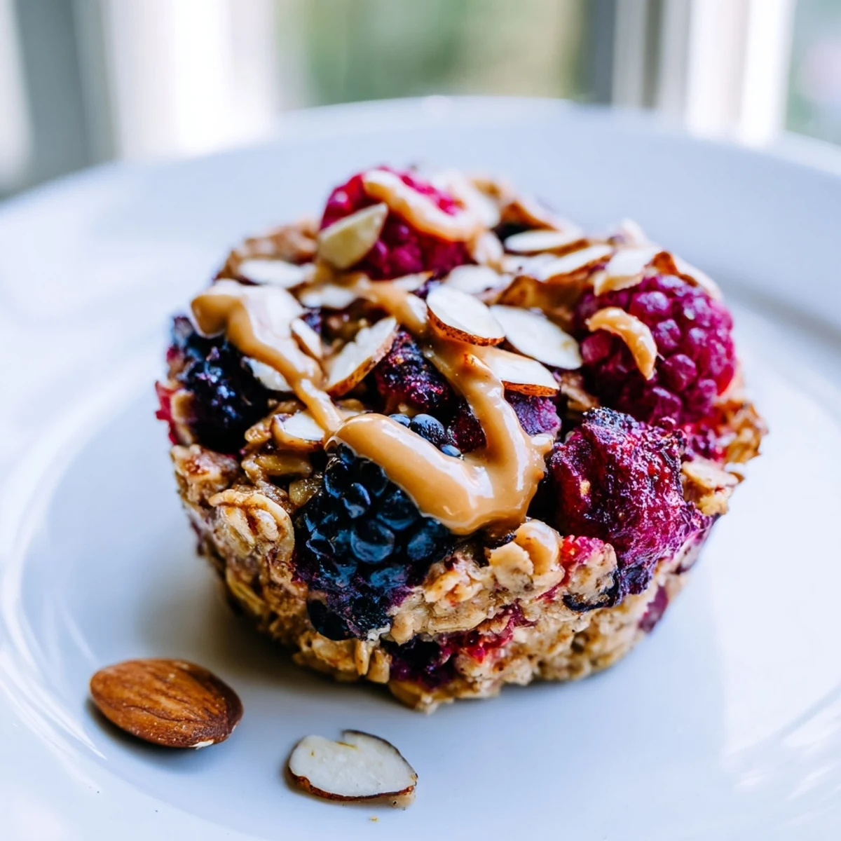 Baked Oatmeal Cups, golden and puffy, filled with juicy winter berries and a swirl of almond butter.