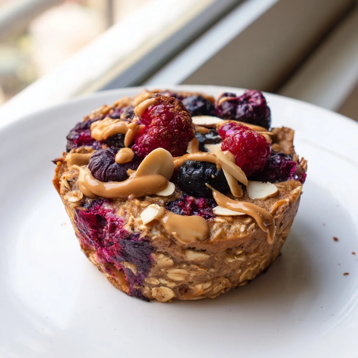 A close-up of freshly baked oatmeal cups, showcasing plump berries and the creamy texture, ready to serve.