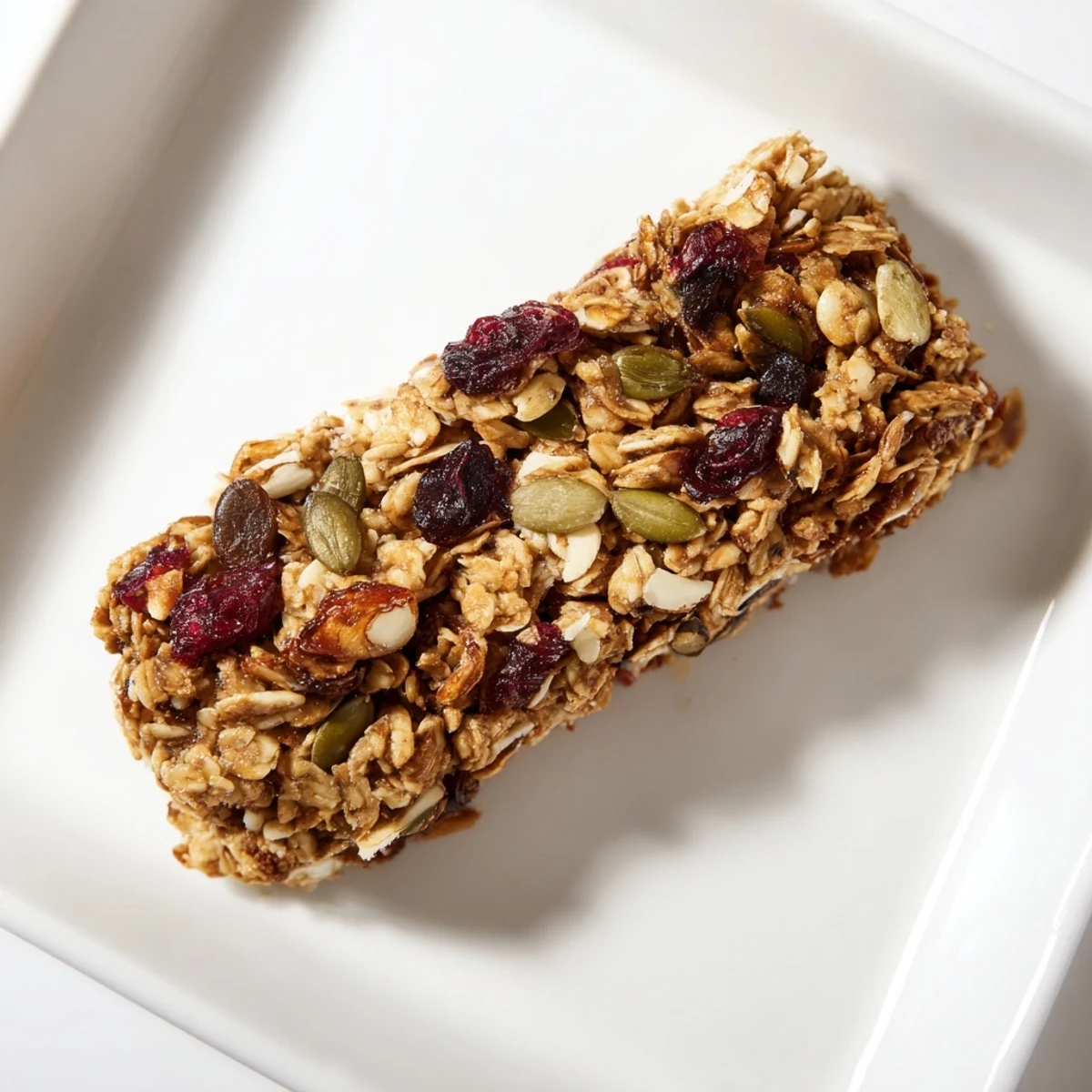 Freshly baked American homemade Roasted Pumpkin Seed & Cranberry Granola Bars, boasting a chewy texture.
