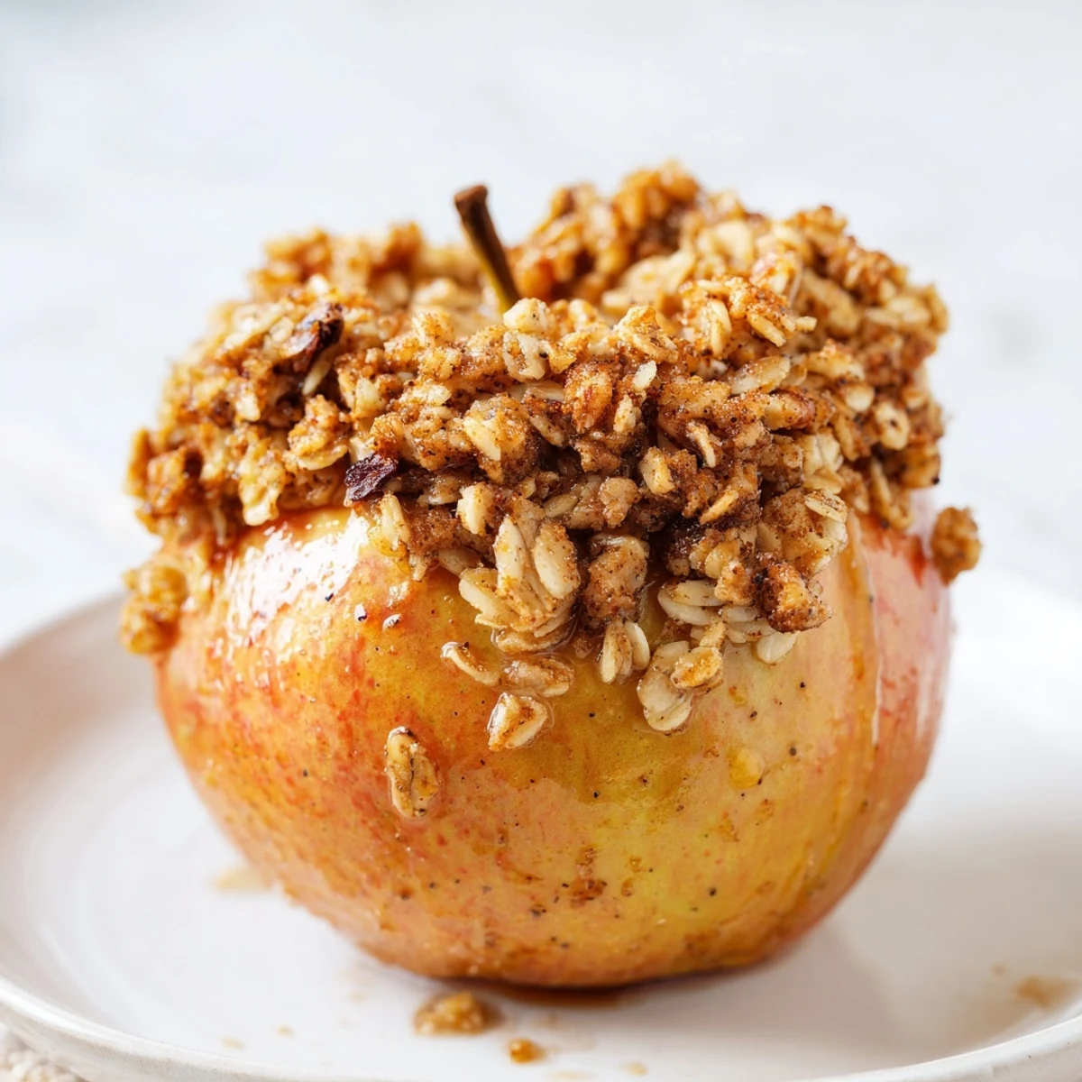 Enjoy this close-up shot of warm, delicious Baked Apples with Oat-Nut Crumble, ready to eat.