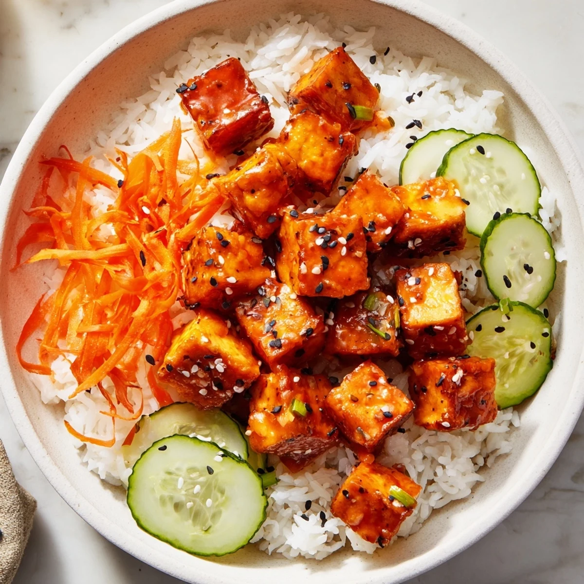 Spicy Chili-Mayo Baked Tofu Bowls: imagine tender tofu cubes coated in a vibrant, creamy sauce.
