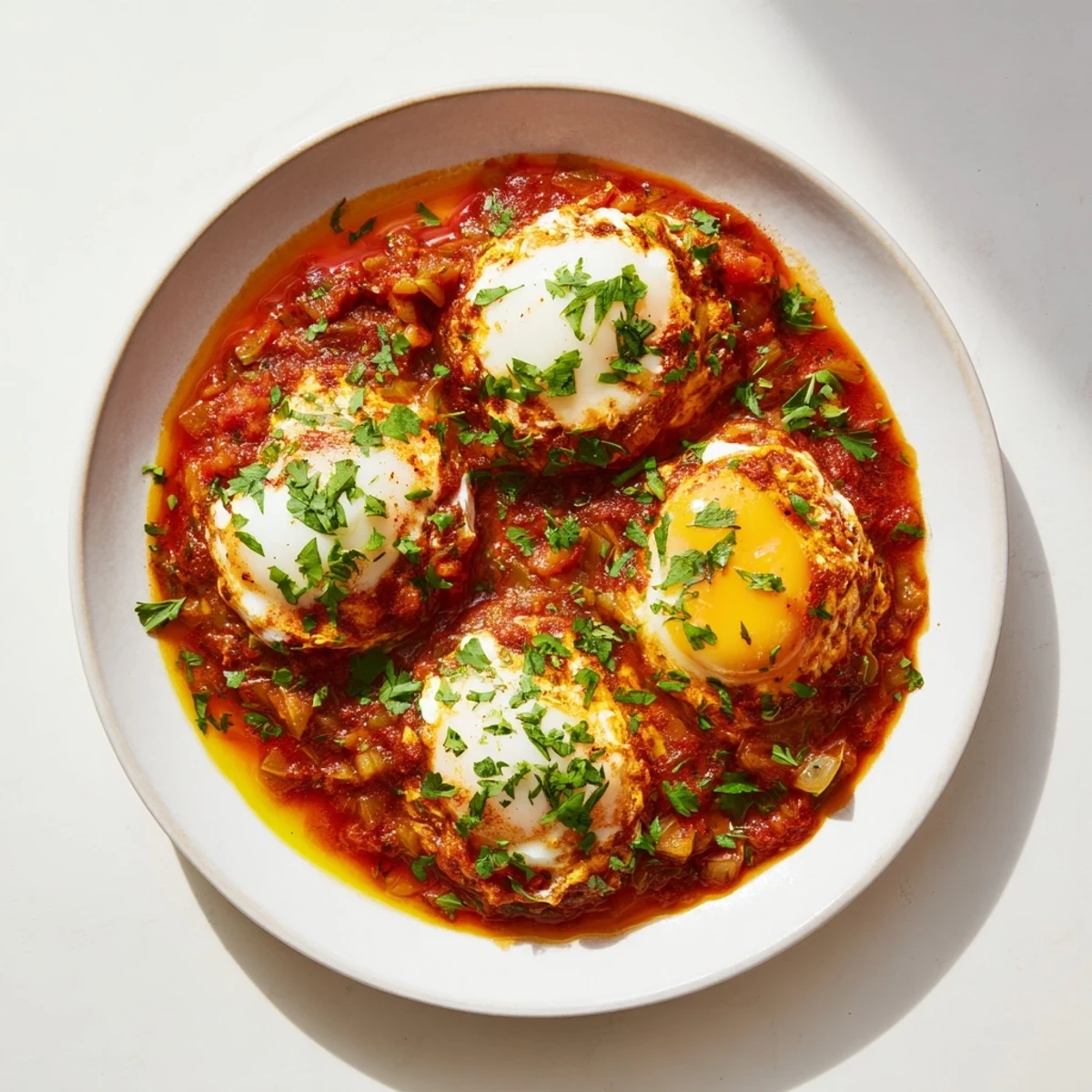 Steaming hot Shakshuka with perfect runny yolks, served with toasted crusty bread for dipping.