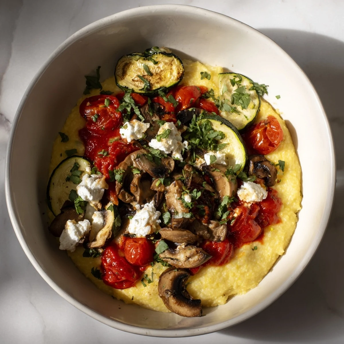 Creamy Cornmeal Mush Polenta Bowls with roasted vegetables, mushrooms, and a poached egg.