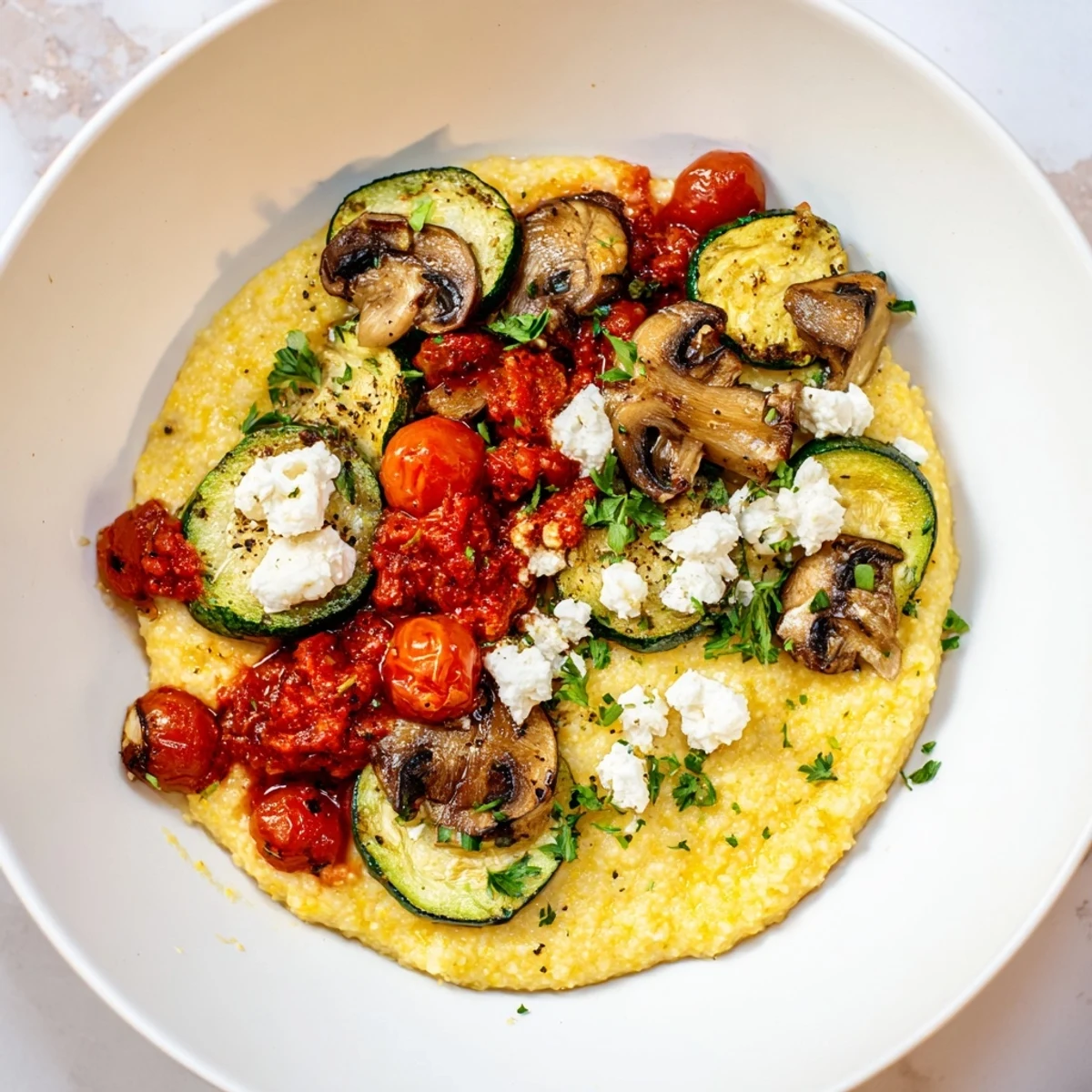 A hearty bowl of Cornmeal Mush Polenta, served with tomato sauce and savory, sauteed mushrooms.