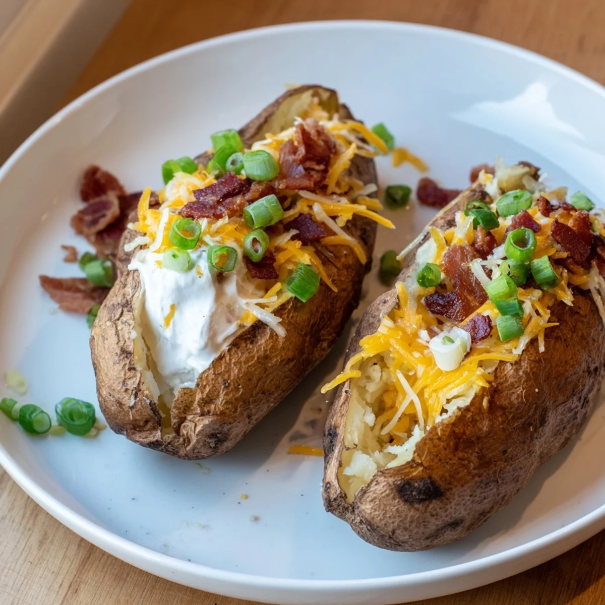 A close-up of a fully loaded Baked Potato Bar with cheese, sour cream, and fresh toppings.