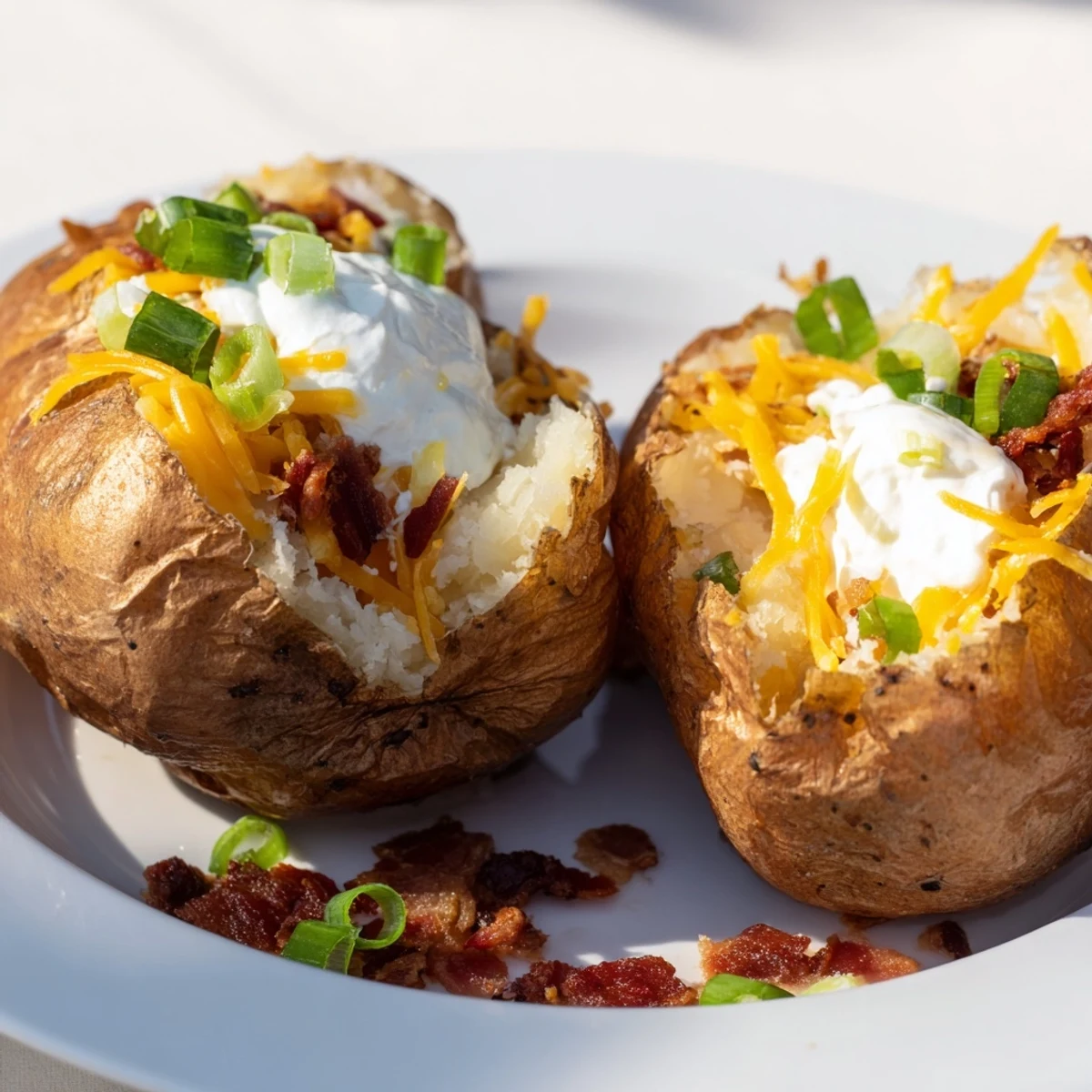 Steam rises from fluffy baked potatoes, showcasing a delicious Baked Potato Bar spread for customization.