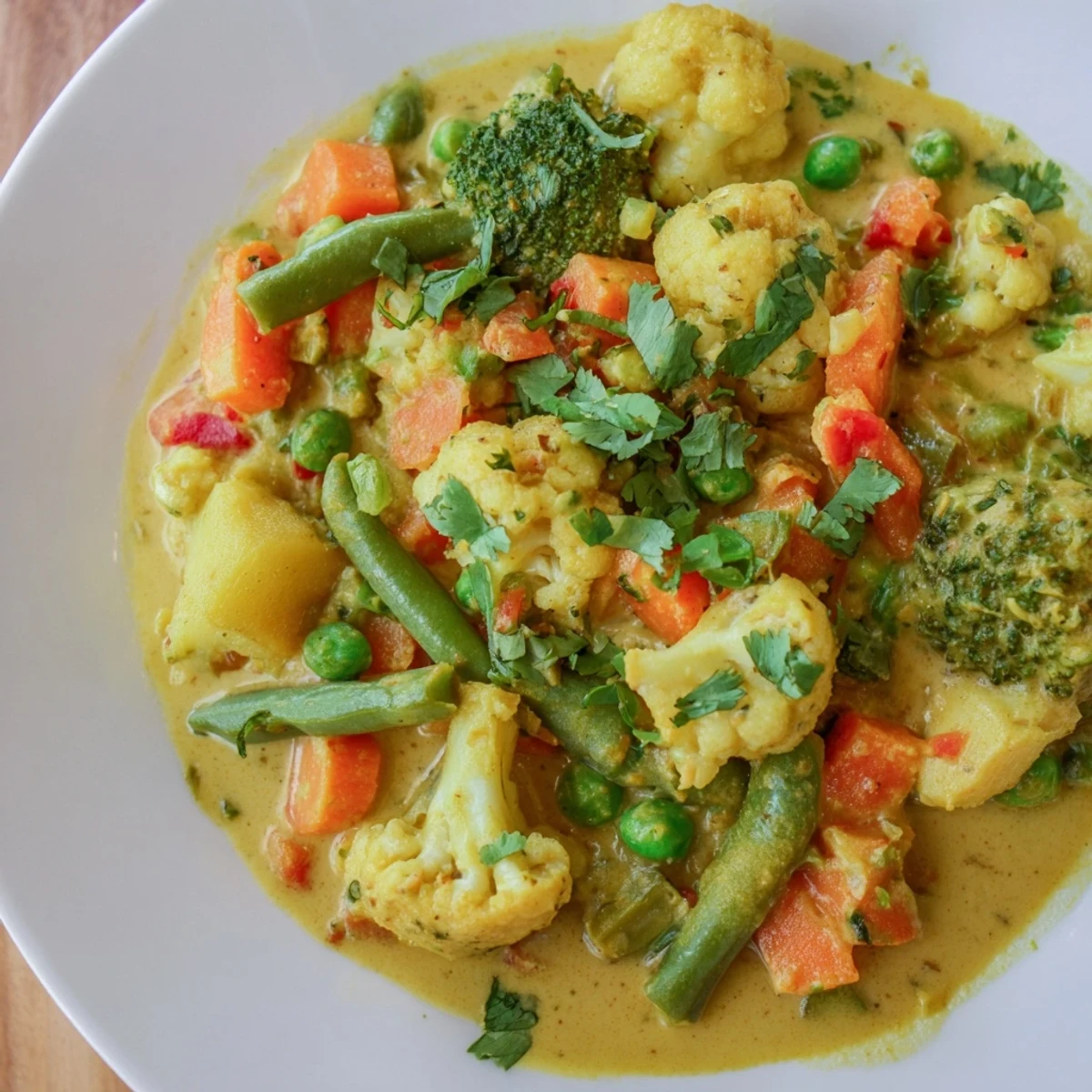 Steaming hot Veggie Coconut Curry, a colorful dish with fresh cilantro and lime wedges ready to serve.