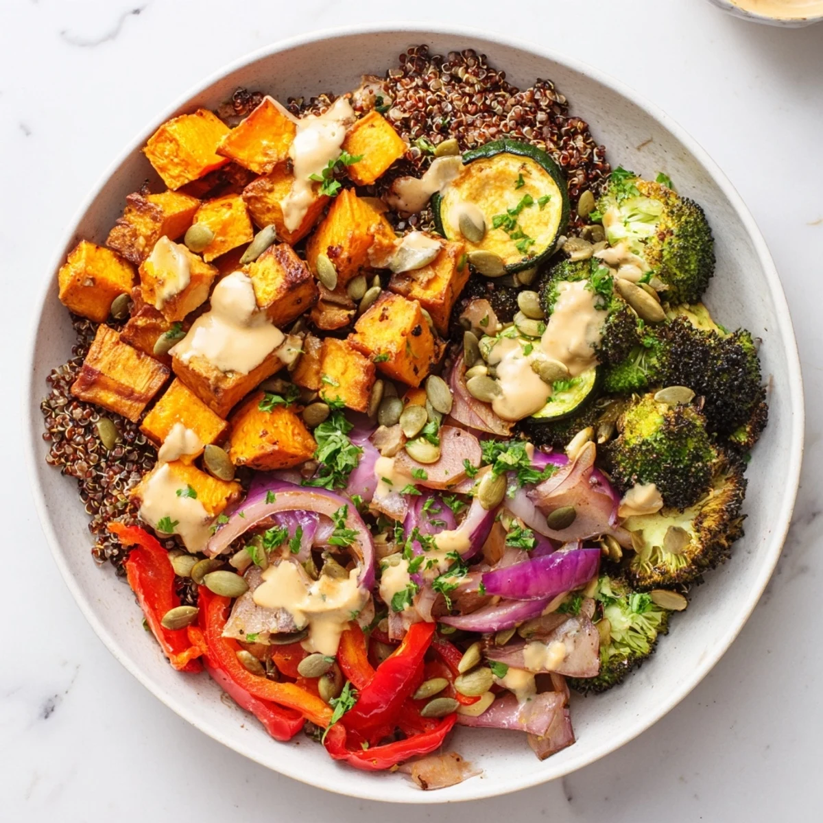 Warm quinoa bowl with roasted seasonal veggies, drizzled with creamy lemon-tahini dressing.