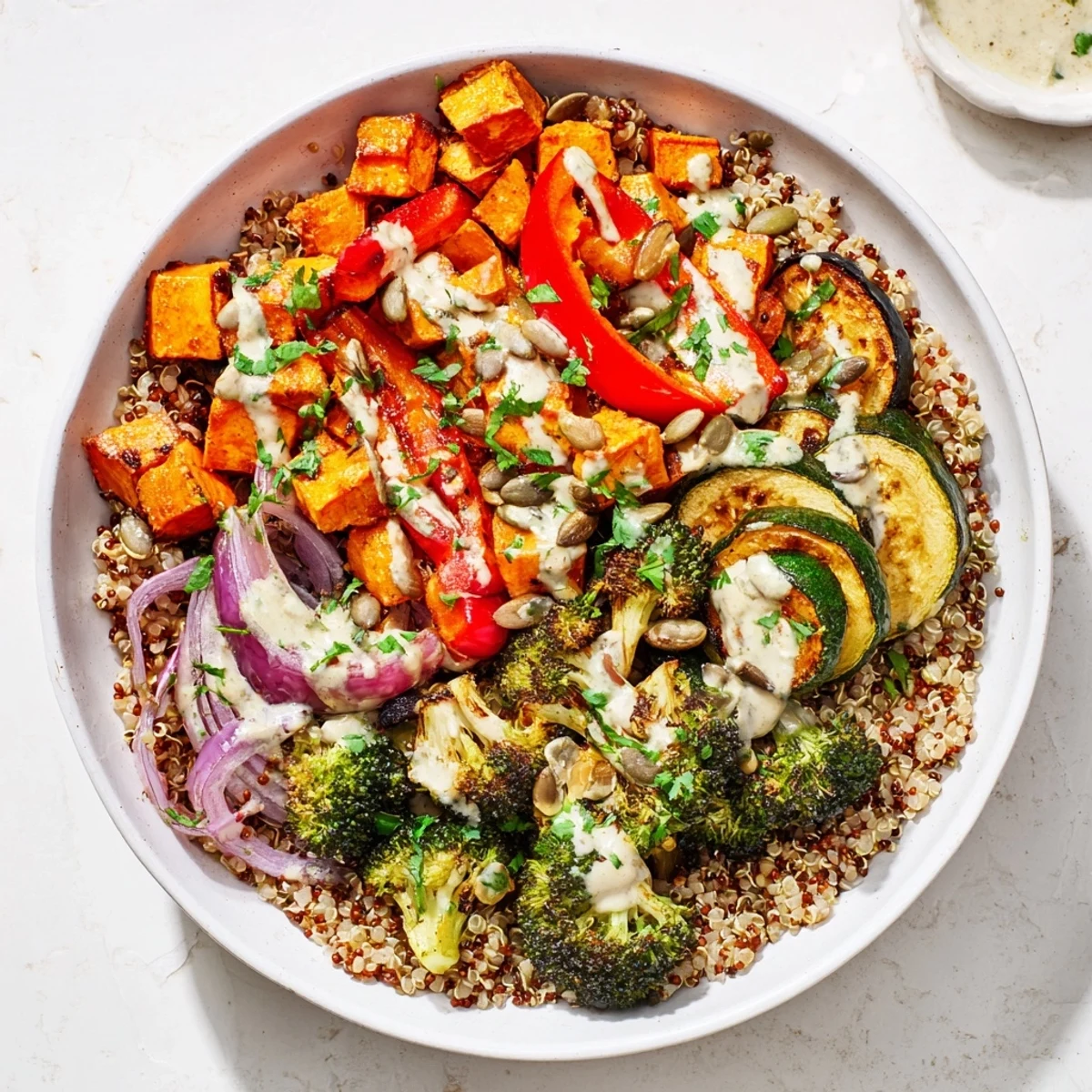 A colorful quinoa bowl overflowing with roasted veggies, perfectly complemented by a flavorful tahini sauce.
