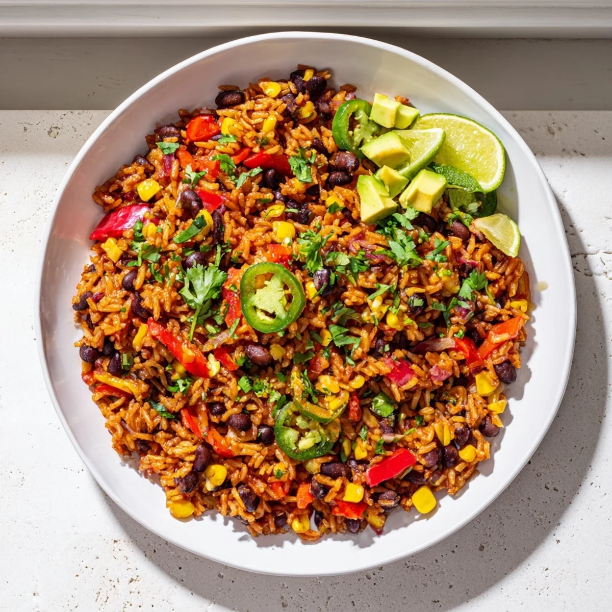 One-Pot Mexican Rice & Beans, a steaming skillet of vibrant, flavorful ingredients ready to serve.